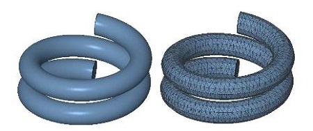 Obr. 1  - 3D model tvořený nepříliš detailní sítí trojúhelníků (napravo)